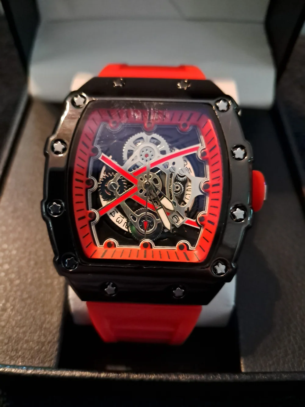 Red and Black Skeleton Dial Sport Watch